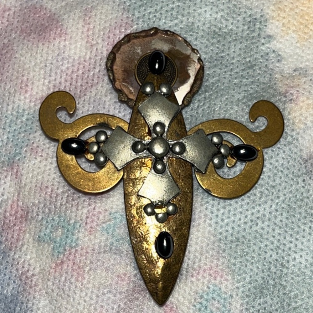 Vintage Brass and Black Angel Cross Pin